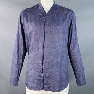 GIORGIO ARMANI L Blue Woven Linen Collarless Double Zipper Long Sleeve Shirt